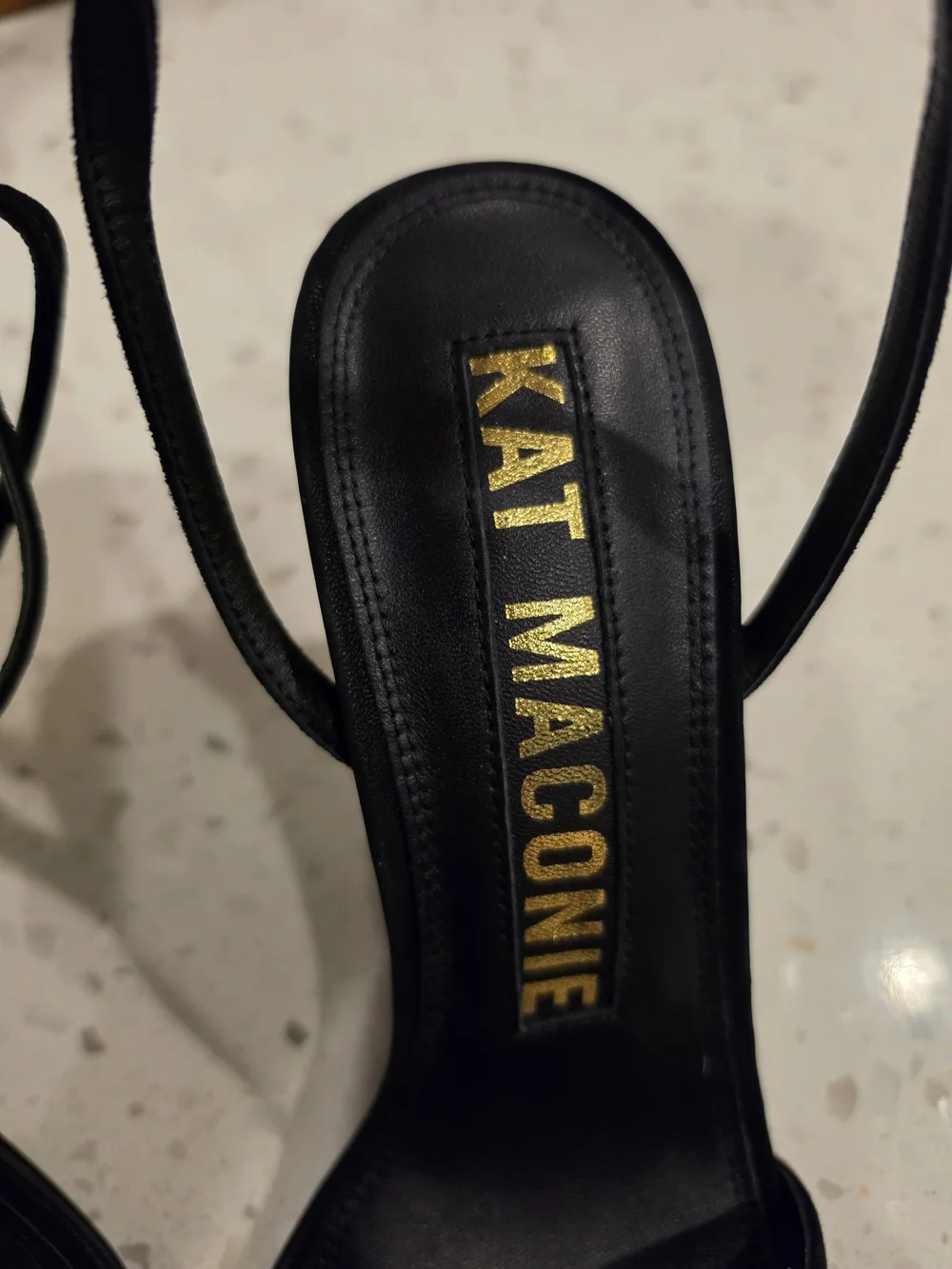 Kat Maconie Black Suede Sandals with Gold Sculpted Heel